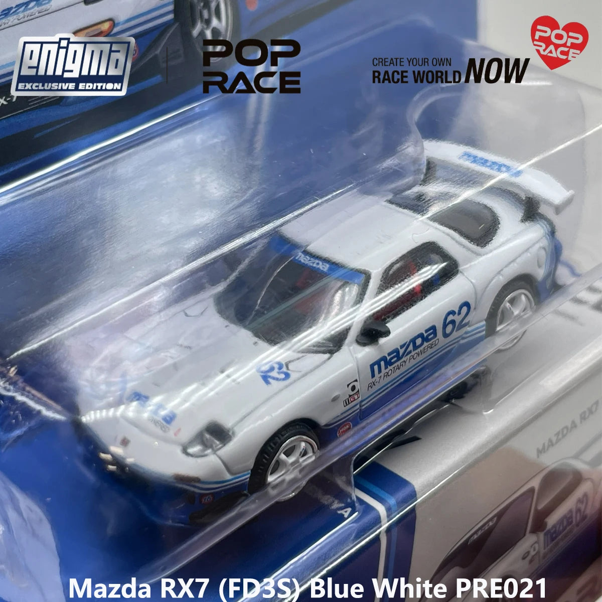 Blister Pack Pop Race PRE021 1:64 Mazda RX7 FD3S RE‑Amemiya #62 Blue White Enigma Exclusive Collectible Model Vehicles Alloy JDM