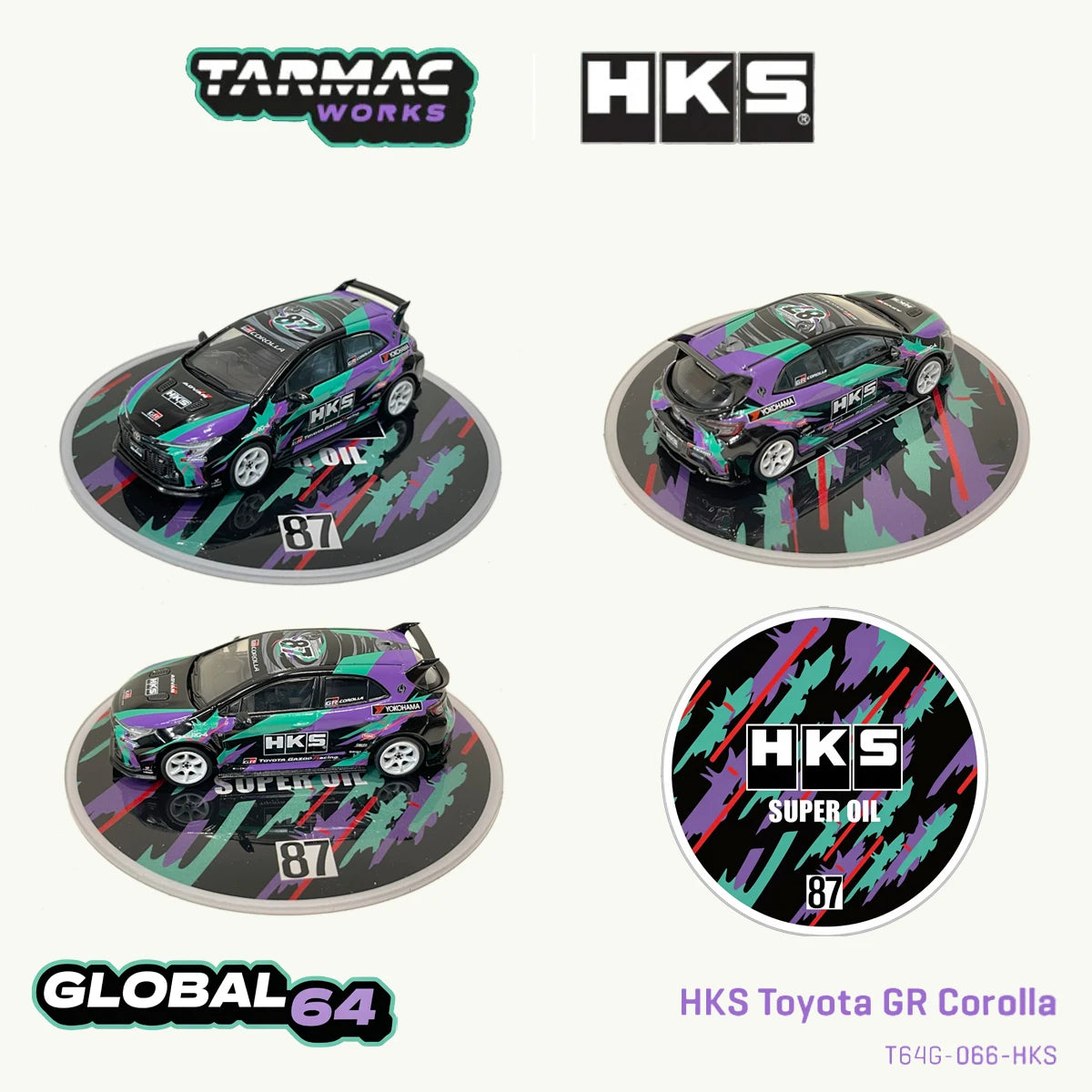 Tarmac Works T64G-066-HKS 1:64 Toyota GR Corolla HKS Co-Branded Purple Green Graphic Livery JDM Diecast Model Car In Stock