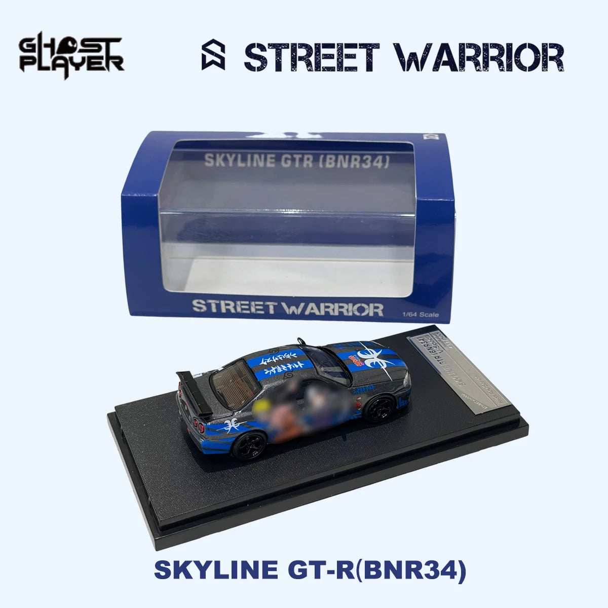 SW x Ghost Player 1:64 Skyline GT-R R34 Blue Hot Blood Anime Graffiti Livery JDM Tuner Diecast Model Car In Stock Ready To Ship