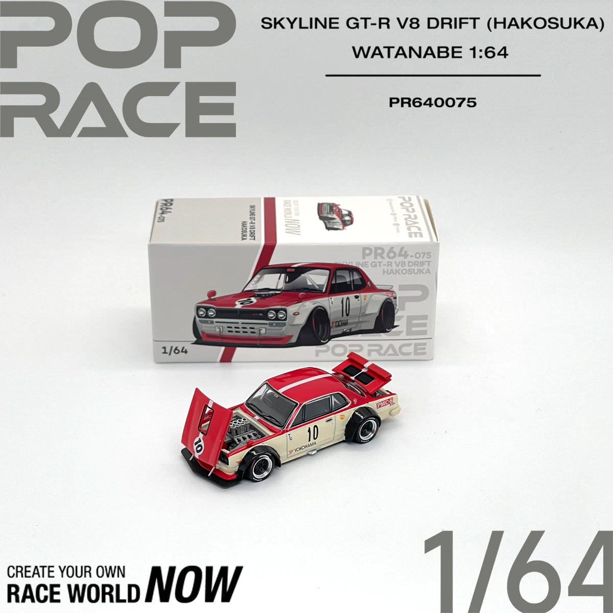 POP RACE PR640075 1:64 Skyline GT-R Hakosuka V8 Drift Watanabe Wheels Classic JDM Race Diecast Car Model in Stock