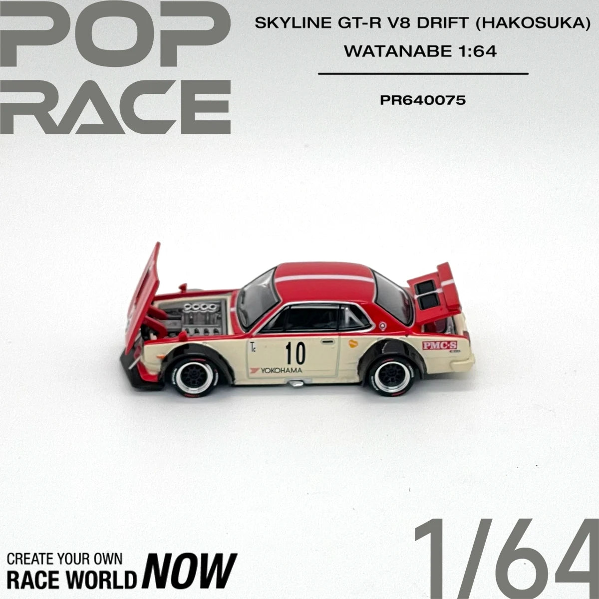 POP RACE PR640075 1:64 Skyline GT-R Hakosuka V8 Drift Watanabe Wheels Classic JDM Race Diecast Car Model in Stock