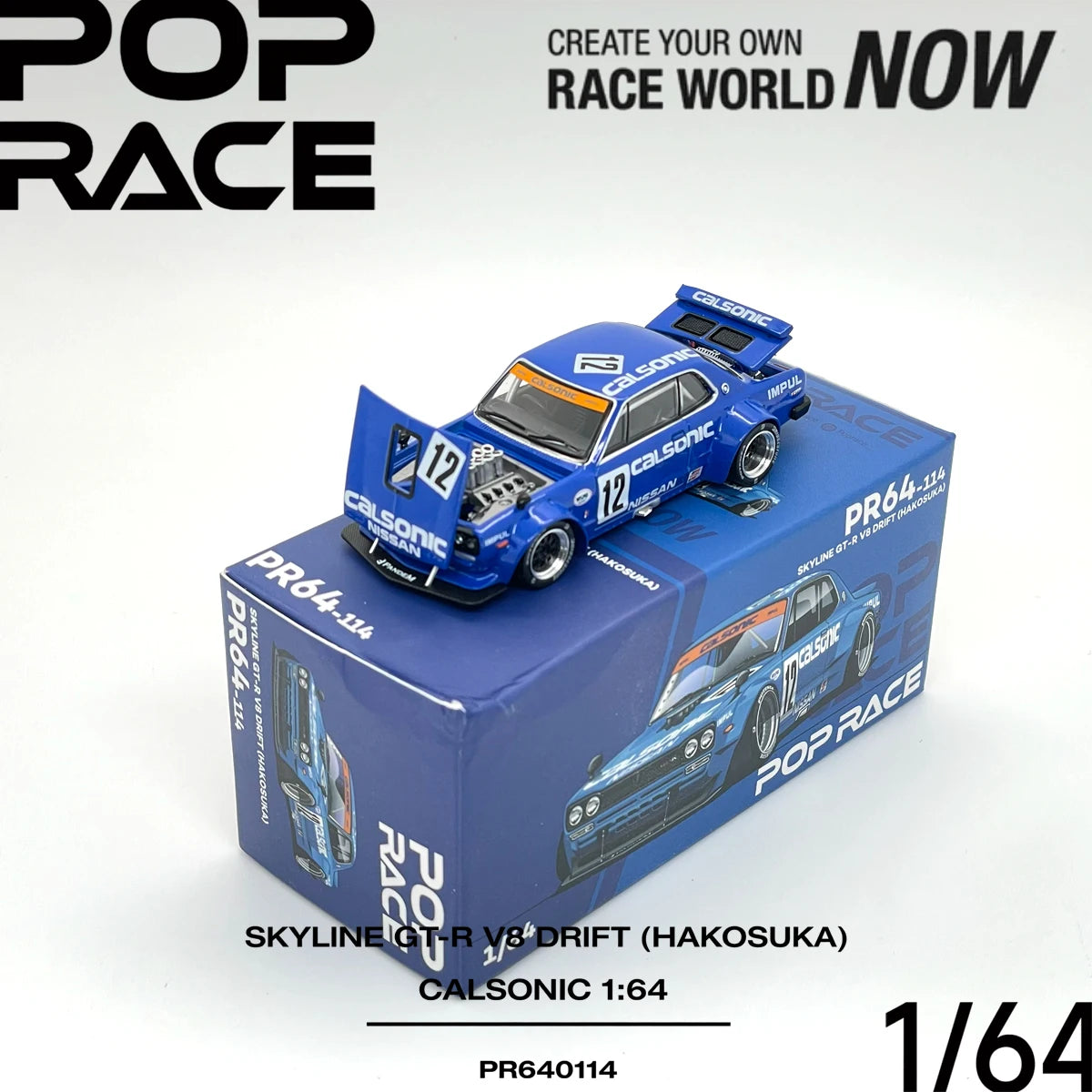 In Stock JDM Pop Race PR640114 1:64 Skyline GT‑R V8 Drift Hakosuka Calsonic Widebody Open Parts Collectible Model Vehicles Alloy