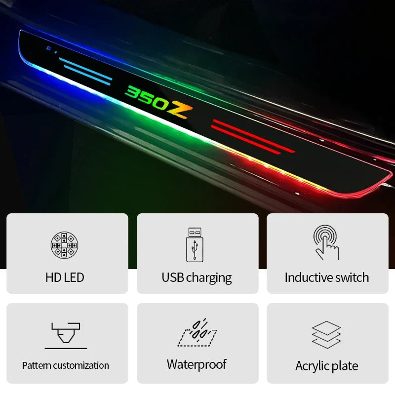 Acrylic USB Power Moving LED Welcome Pedal Car Scuff Plate Pedal Door Sill Pathway Light For Nissan 350Z Logo Auto Accessories