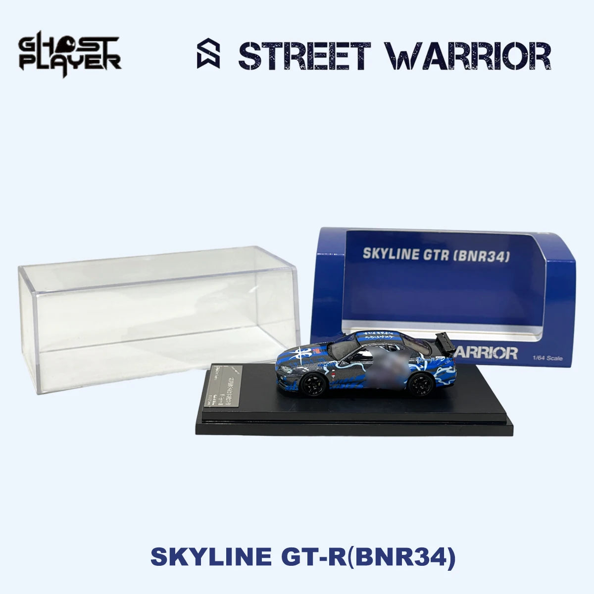 SW x Ghost Player 1:64 Skyline GT-R R34 Blue Hot Blood Anime Graffiti Livery JDM Tuner Diecast Model Car In Stock Ready To Ship