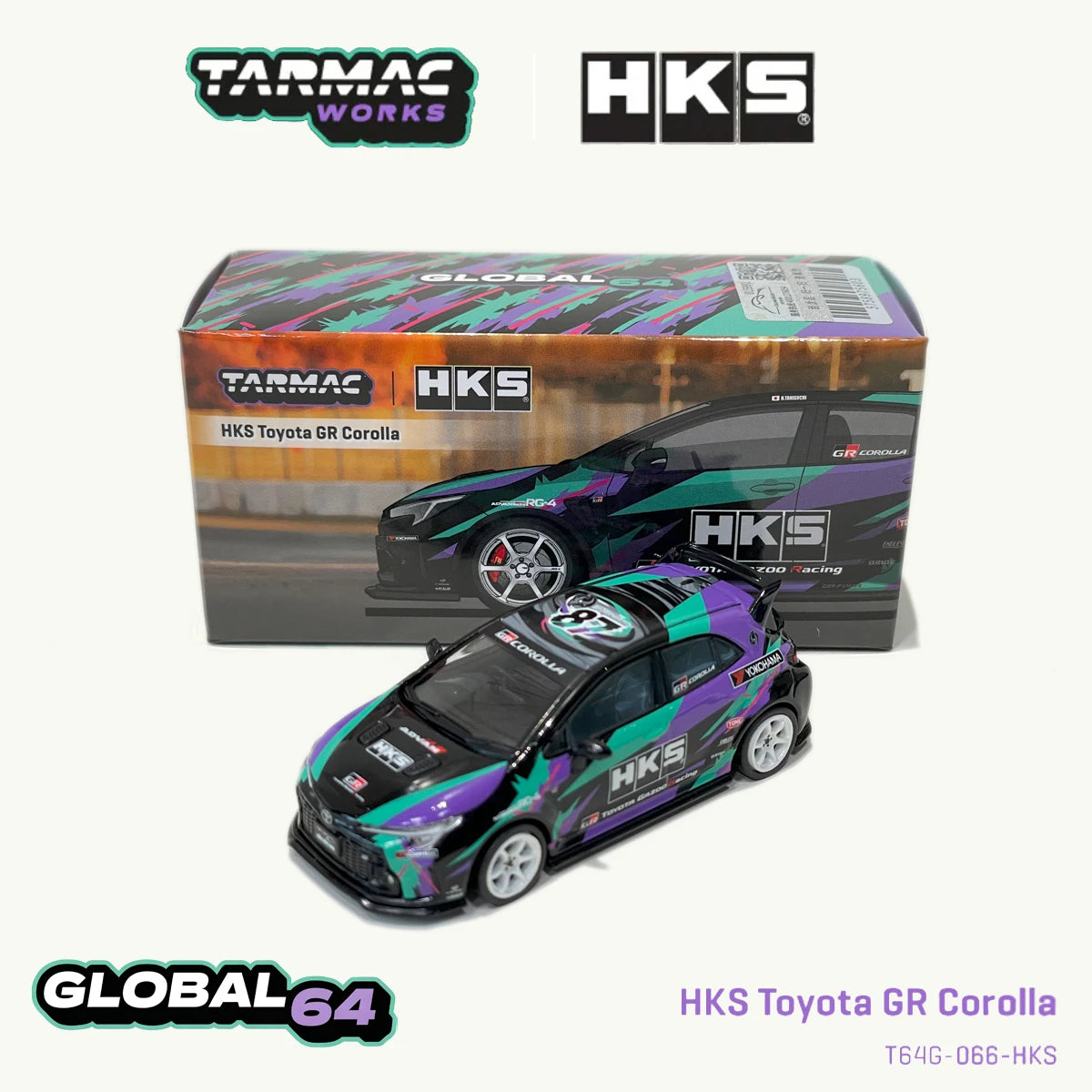 Tarmac Works T64G-066-HKS 1:64 Toyota GR Corolla HKS Co-Branded Purple Green Graphic Livery JDM Diecast Model Car In Stock