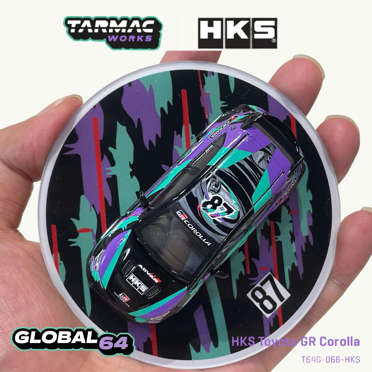 Tarmac Works T64G-066-HKS 1:64 Toyota GR Corolla HKS Co-Branded Purple Green Graphic Livery JDM Diecast Model Car In Stock
