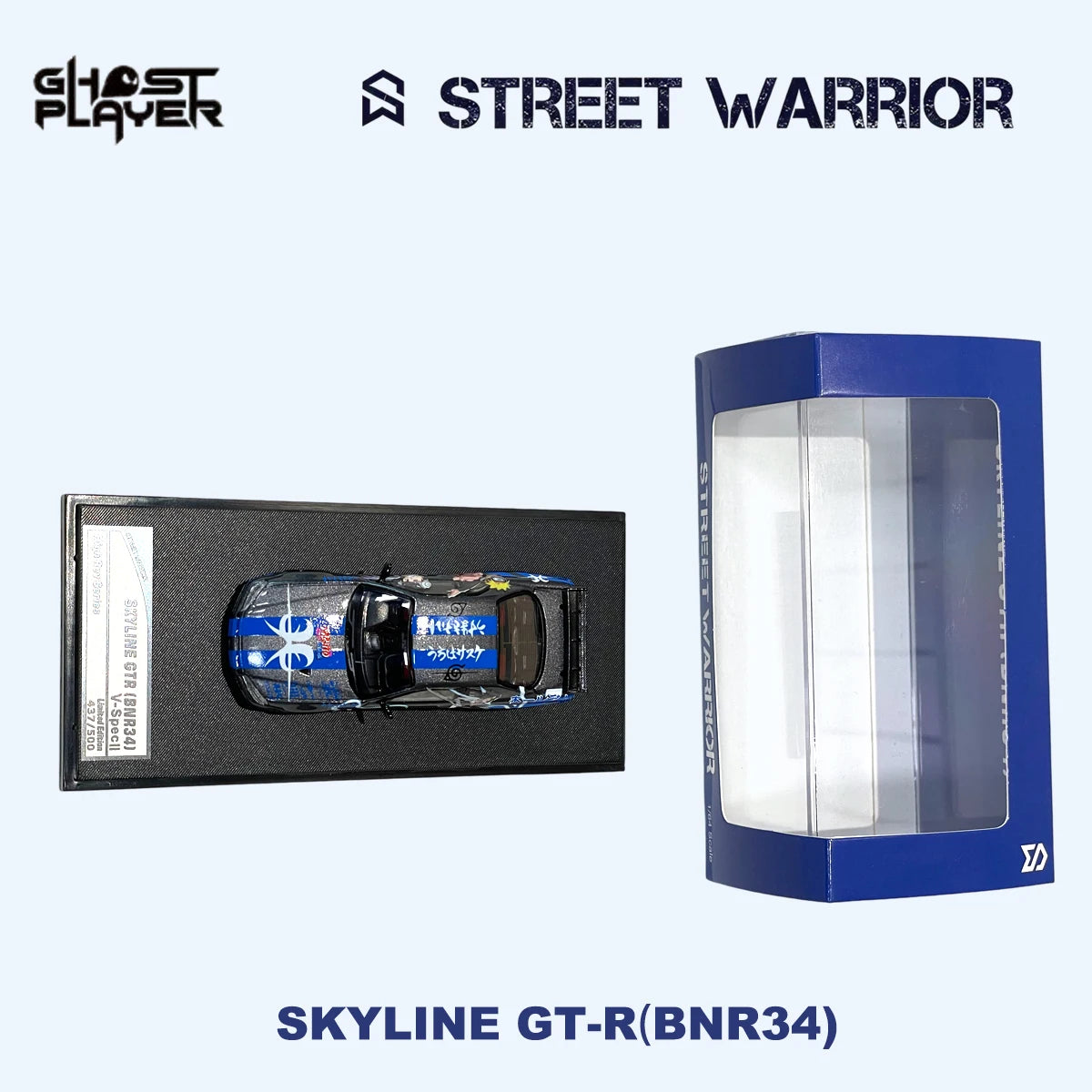 SW x Ghost Player 1:64 Skyline GT-R R34 Blue Hot Blood Anime Graffiti Livery JDM Tuner Diecast Model Car In Stock Ready To Ship