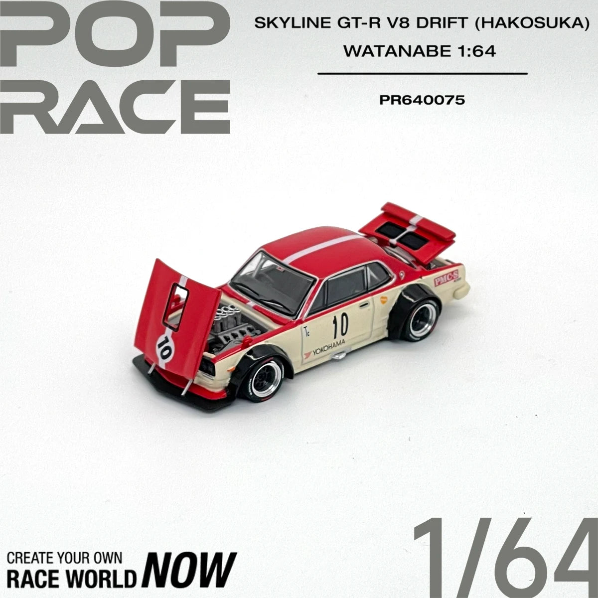 POP RACE PR640075 1:64 Skyline GT-R Hakosuka V8 Drift Watanabe Wheels Classic JDM Race Diecast Car Model in Stock