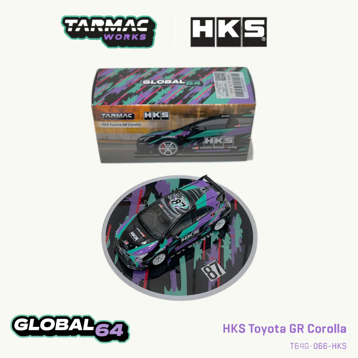 Tarmac Works T64G-066-HKS 1:64 Toyota GR Corolla HKS Co-Branded Purple Green Graphic Livery JDM Diecast Model Car In Stock