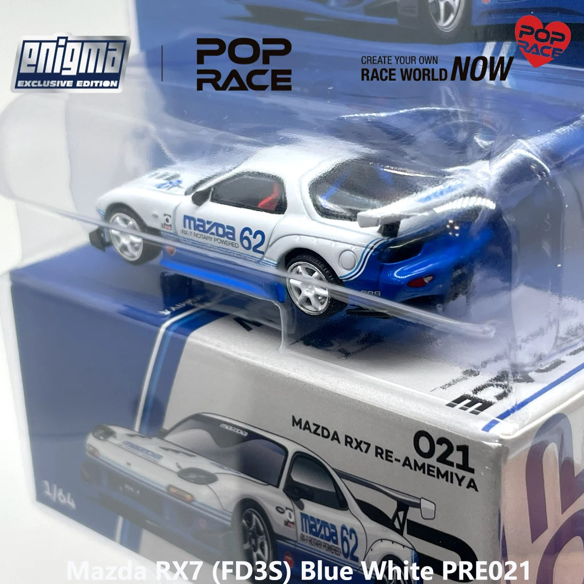 Blister Pack Pop Race PRE021 1:64 Mazda RX7 FD3S RE‑Amemiya #62 Blue White Enigma Exclusive Collectible Model Vehicles Alloy JDM