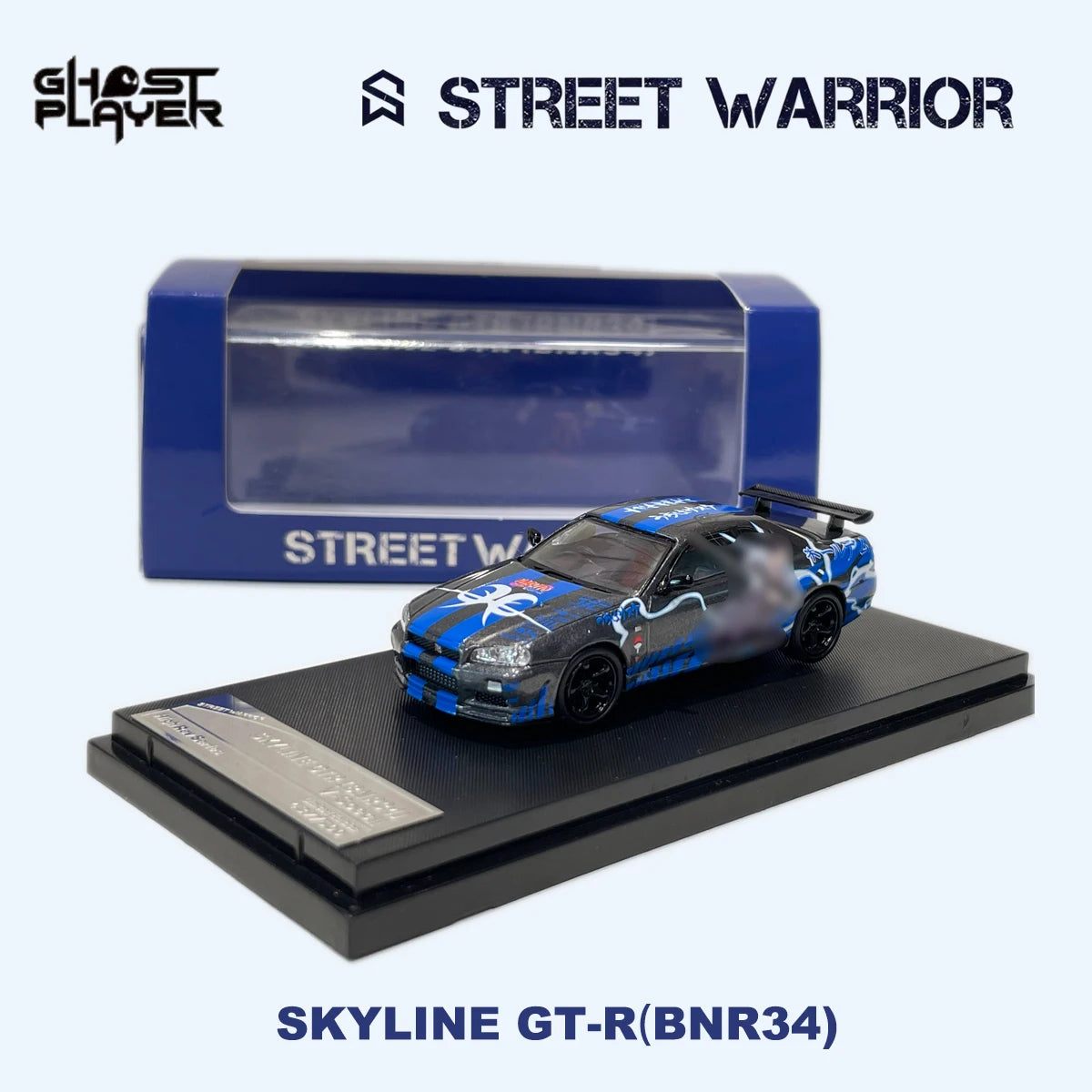 SW x Ghost Player 1:64 Skyline GT-R R34 Blue Hot Blood Anime Graffiti Livery JDM Tuner Diecast Model Car In Stock Ready To Ship