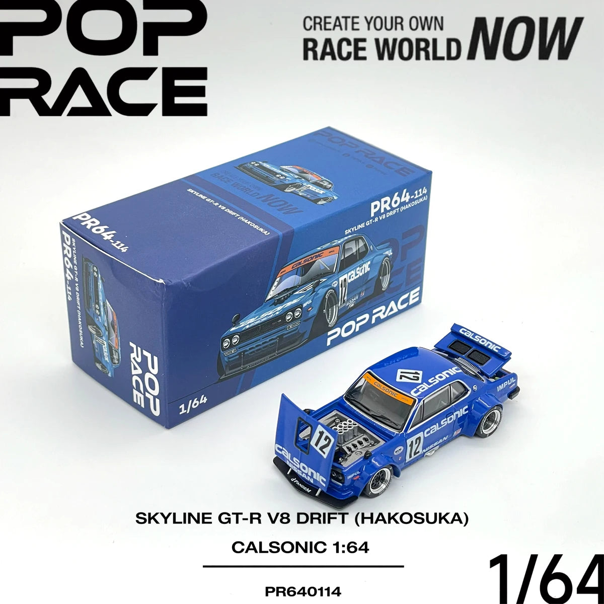 In Stock JDM Pop Race PR640114 1:64 Skyline GT‑R V8 Drift Hakosuka Calsonic Widebody Open Parts Collectible Model Vehicles Alloy