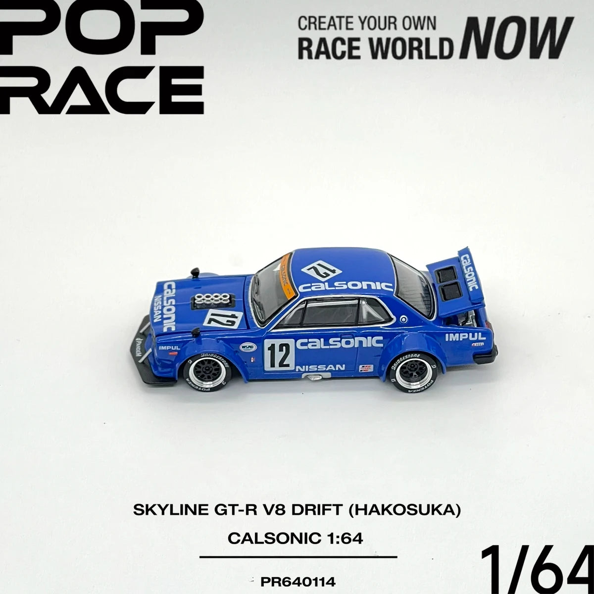 In Stock JDM Pop Race PR640114 1:64 Skyline GT‑R V8 Drift Hakosuka Calsonic Widebody Open Parts Collectible Model Vehicles Alloy