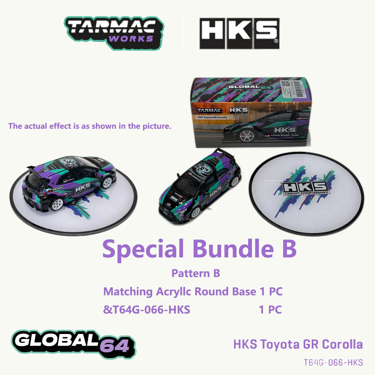 Tarmac Works T64G-066-HKS 1:64 Toyota GR Corolla HKS Co-Branded Purple Green Graphic Livery JDM Diecast Model Car In Stock