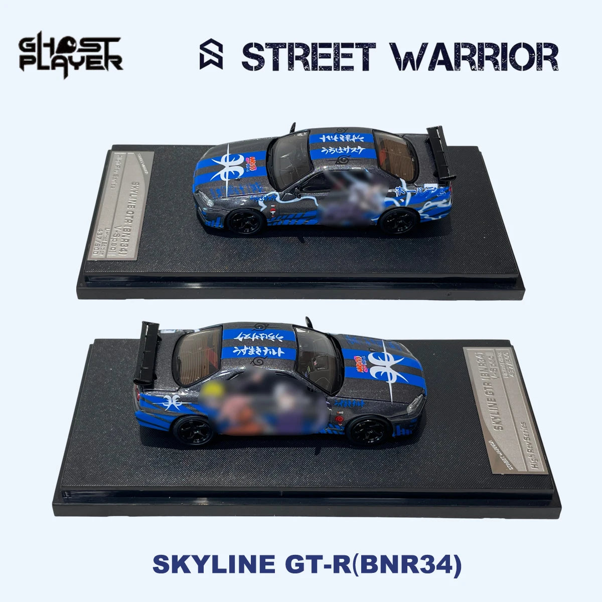 SW x Ghost Player 1:64 Skyline GT-R R34 Blue Hot Blood Anime Graffiti Livery JDM Tuner Diecast Model Car In Stock Ready To Ship