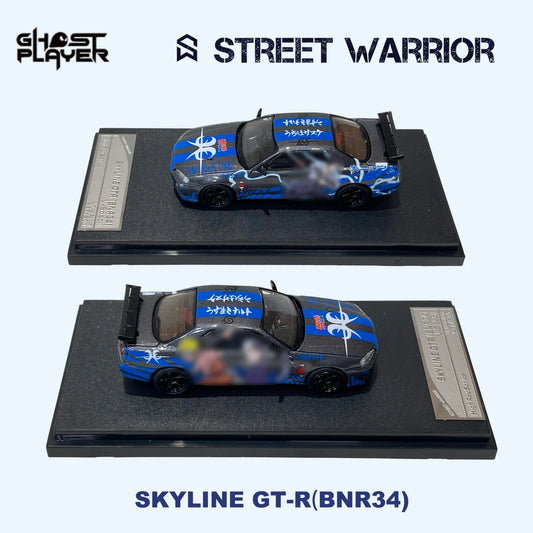 SW x Ghost Player 1:64 Skyline GT-R R34 Blue Hot Blood Anime Graffiti Livery JDM Tuner Diecast Model Car In Stock Ready To Ship