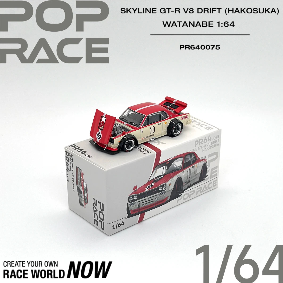 POP RACE PR640075 1:64 Skyline GT-R Hakosuka V8 Drift Watanabe Wheels Classic JDM Race Diecast Car Model in Stock