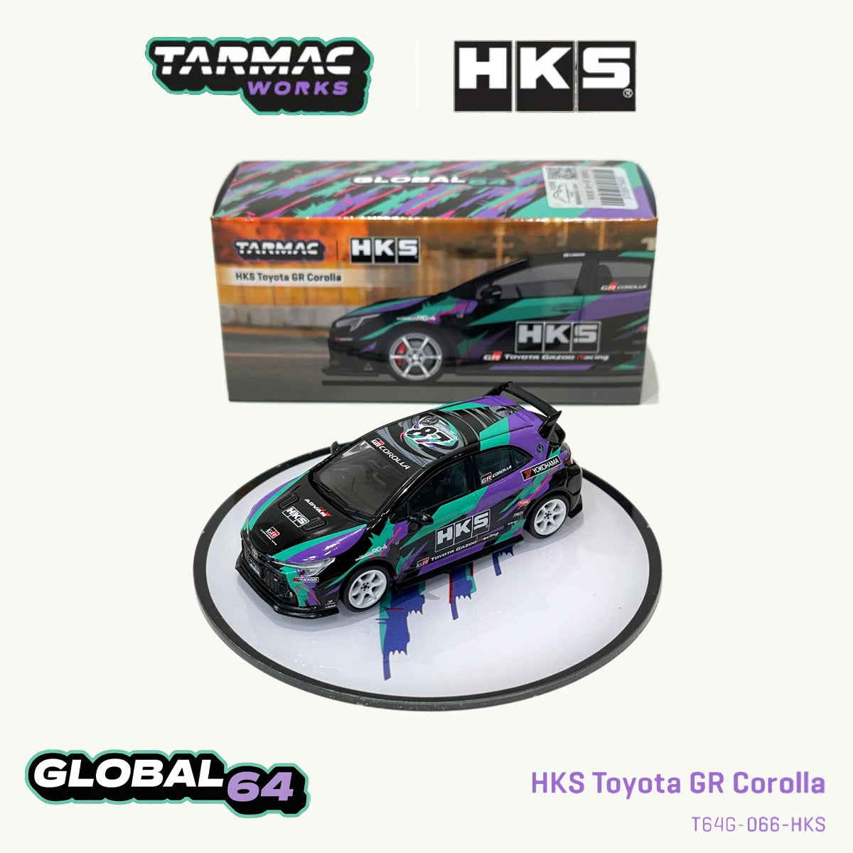 Tarmac Works T64G-066-HKS 1:64 Toyota GR Corolla HKS Co-Branded Purple Green Graphic Livery JDM Diecast Model Car In Stock