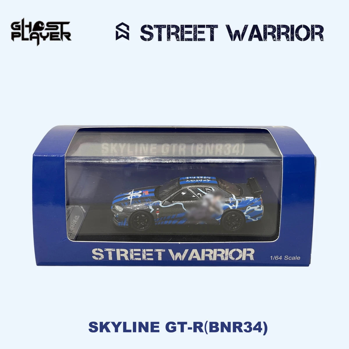 SW x Ghost Player 1:64 Skyline GT-R R34 Blue Hot Blood Anime Graffiti Livery JDM Tuner Diecast Model Car In Stock Ready To Ship