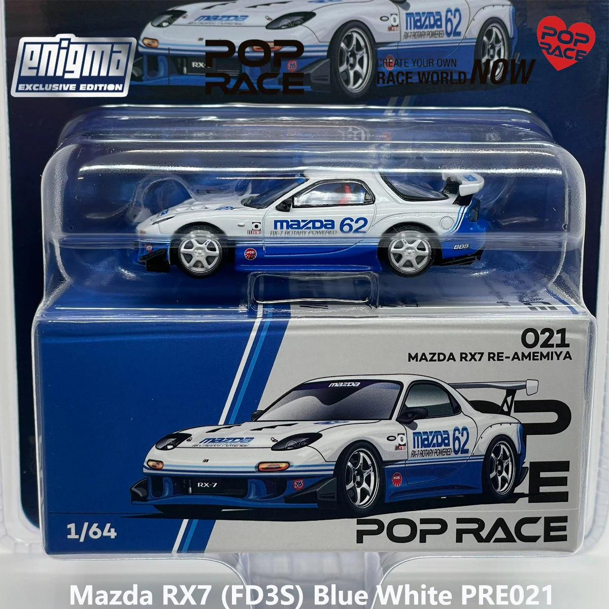 Blister Pack Pop Race PRE021 1:64 Mazda RX7 FD3S RE‑Amemiya #62 Blue White Enigma Exclusive Collectible Model Vehicles Alloy JDM