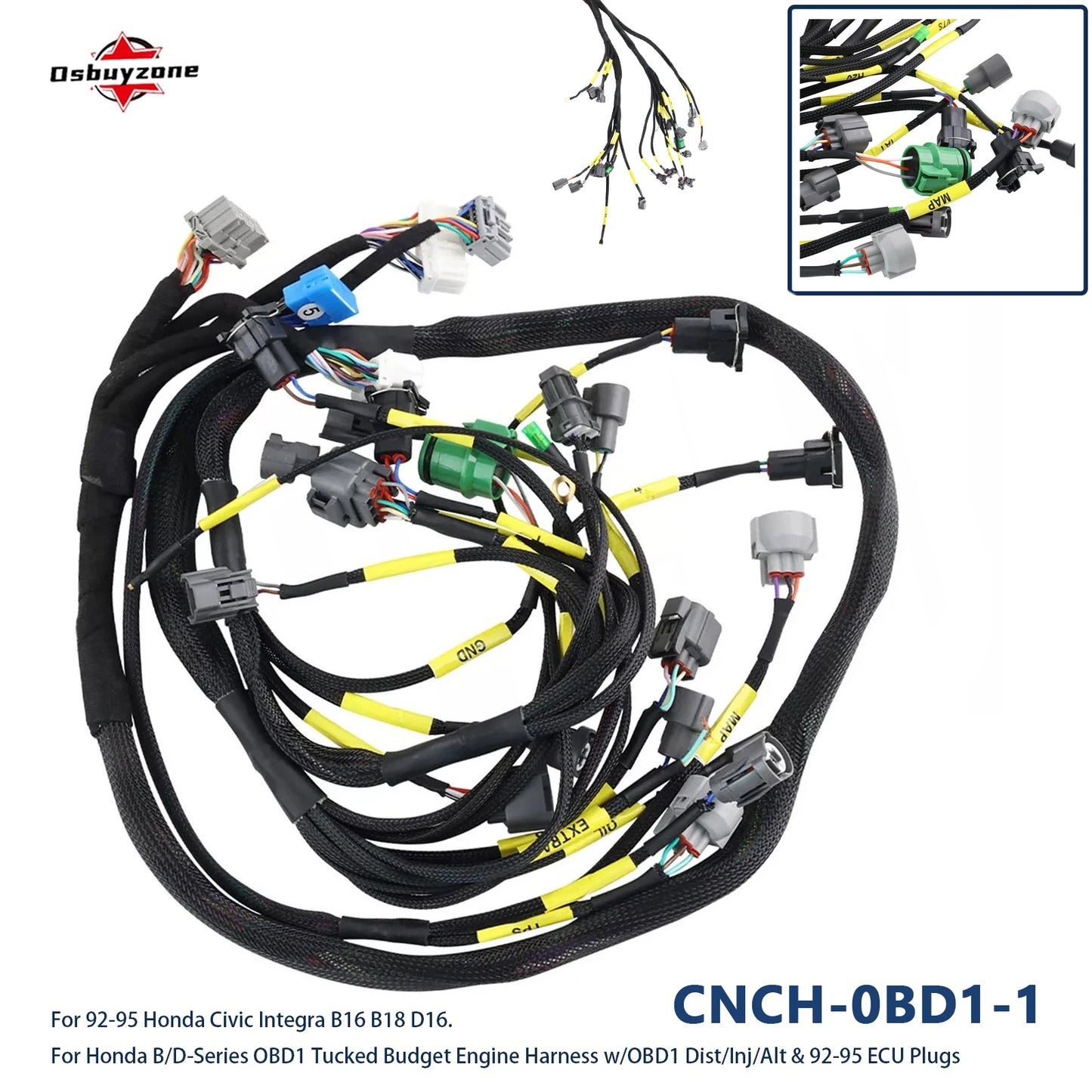 Tucked Engine Harness CNCH-OBD1-1 Budget D & B-series For Civic Integra B16 B18 D16 W/Obd1 Dist/Inj/Alt  92-95 Ecu Plugs