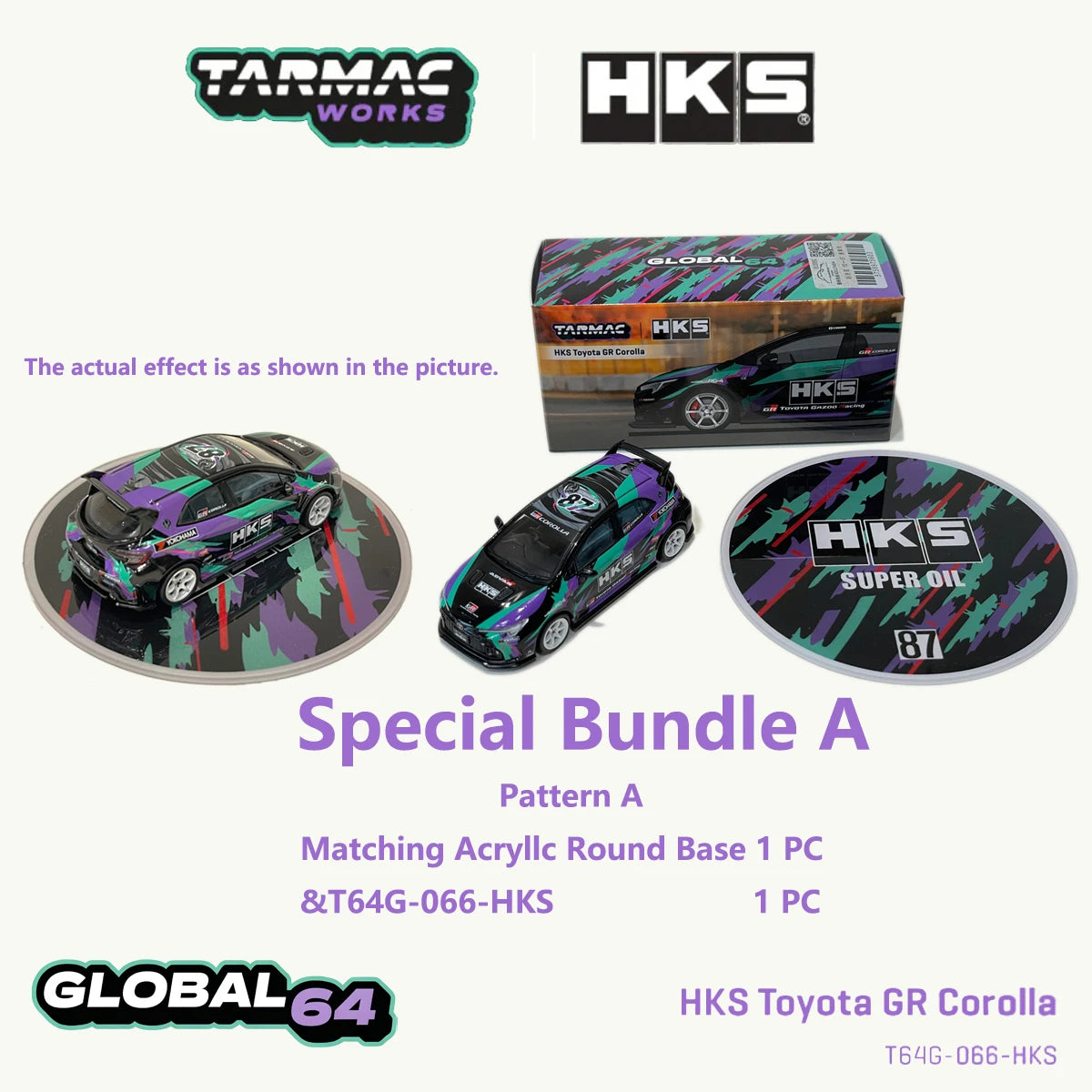 Tarmac Works T64G-066-HKS 1:64 Toyota GR Corolla HKS Co-Branded Purple Green Graphic Livery JDM Diecast Model Car In Stock