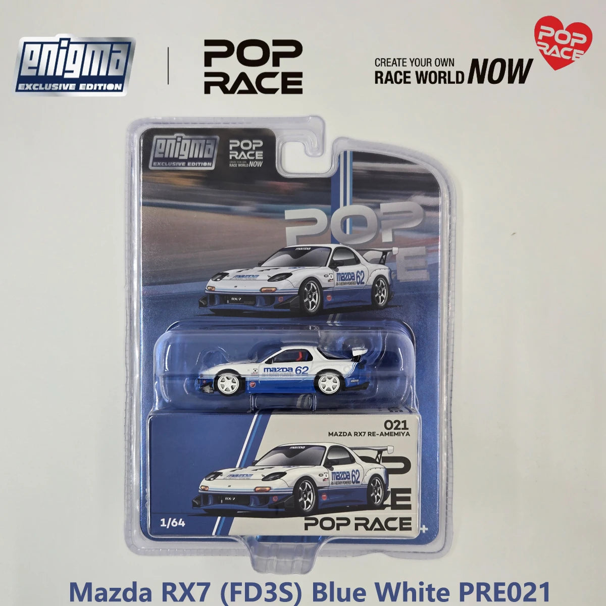 Blister Pack Pop Race PRE021 1:64 Mazda RX7 FD3S RE‑Amemiya #62 Blue White Enigma Exclusive Collectible Model Vehicles Alloy JDM