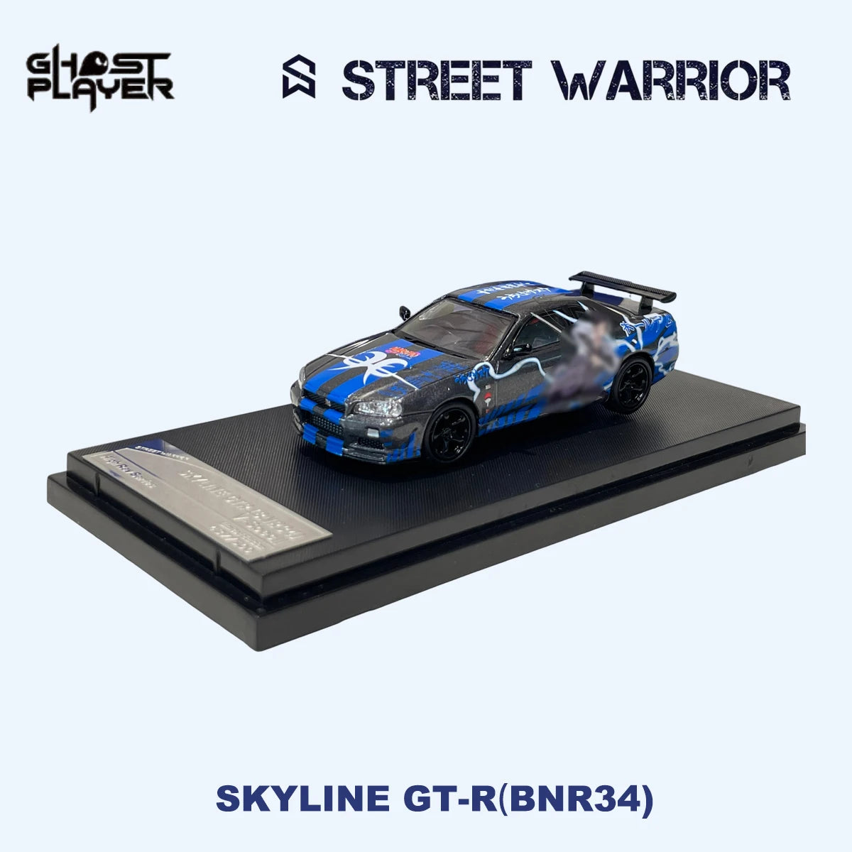 SW x Ghost Player 1:64 Skyline GT-R R34 Blue Hot Blood Anime Graffiti Livery JDM Tuner Diecast Model Car In Stock Ready To Ship
