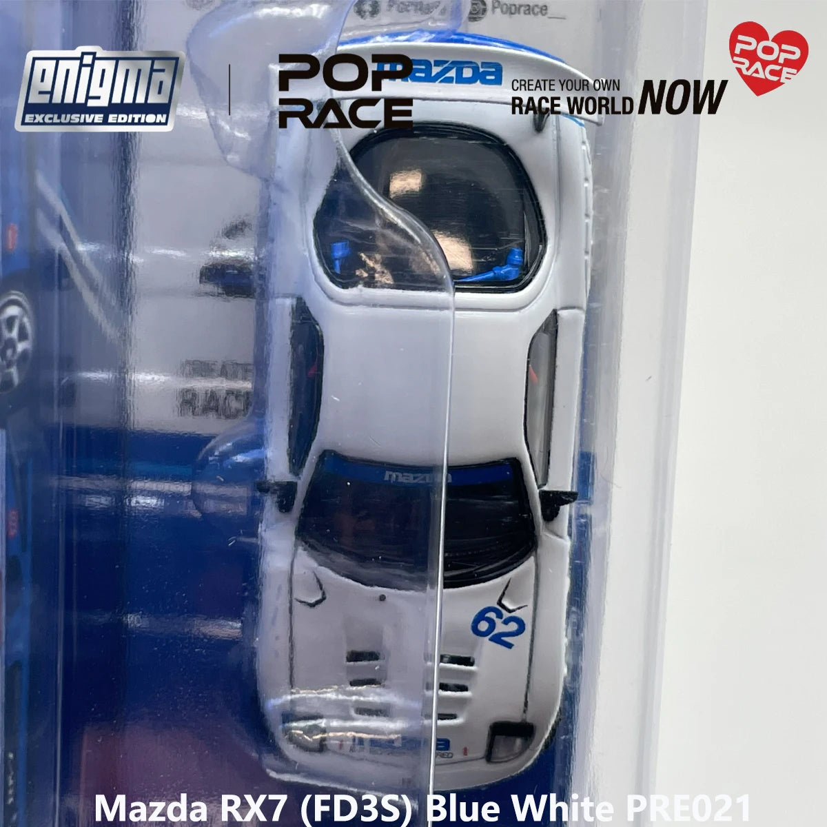Blister Pack Pop Race PRE021 1:64 Mazda RX7 FD3S RE‑Amemiya #62 Blue White Enigma Exclusive Collectible Model Vehicles Alloy JDM