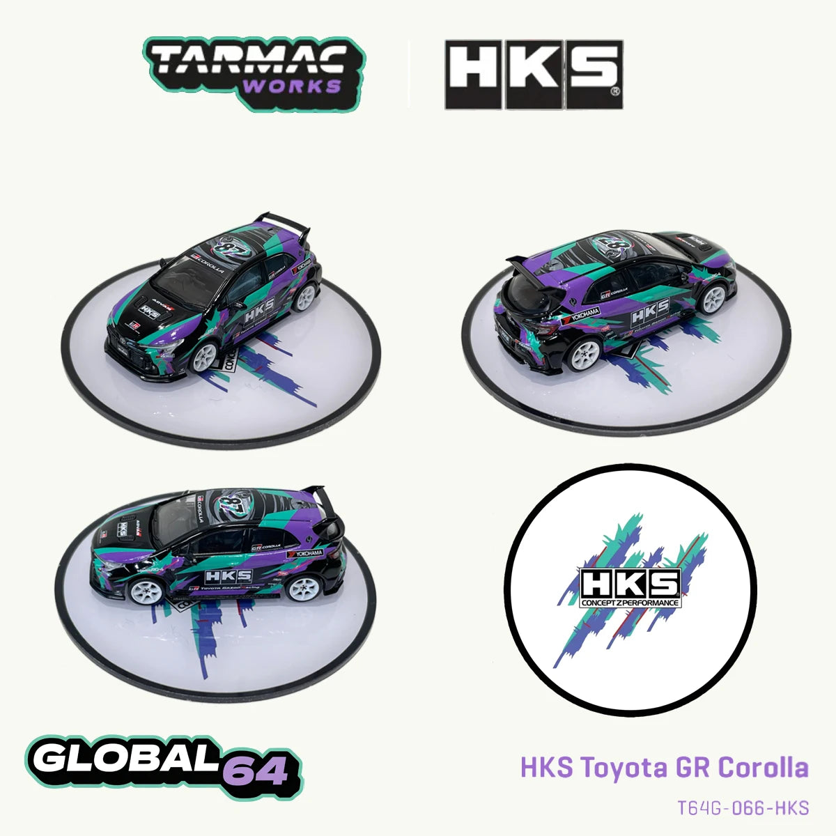 Tarmac Works T64G-066-HKS 1:64 Toyota GR Corolla HKS Co-Branded Purple Green Graphic Livery JDM Diecast Model Car In Stock