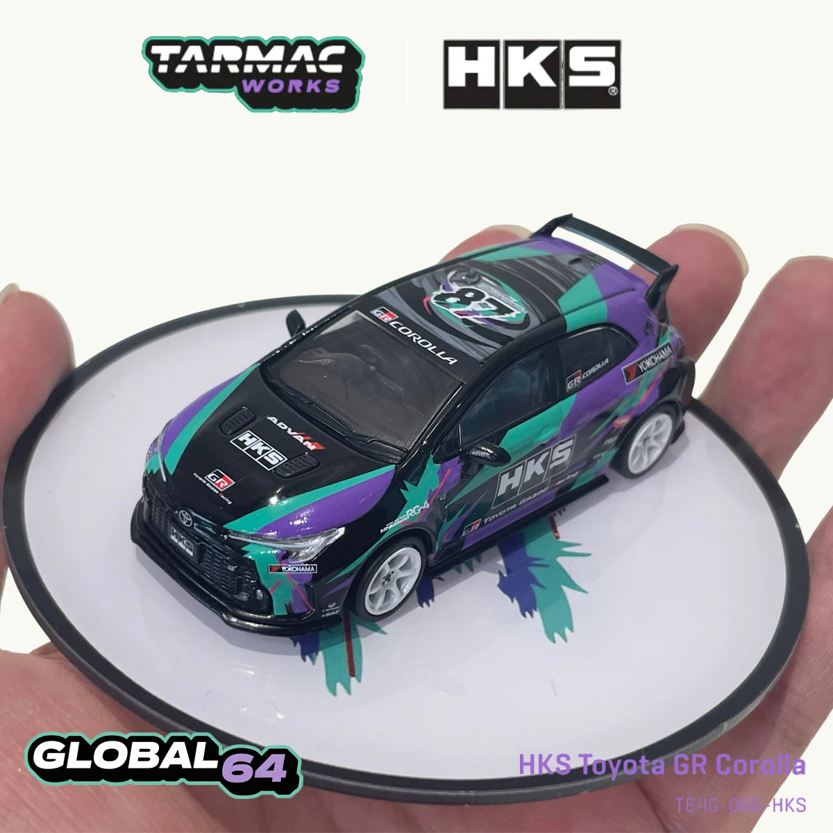 Tarmac Works T64G-066-HKS 1:64 Toyota GR Corolla HKS Co-Branded Purple Green Graphic Livery JDM Diecast Model Car In Stock