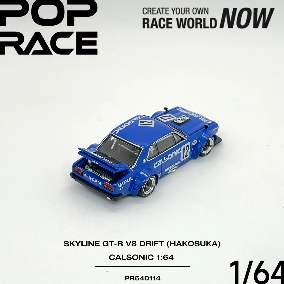 In Stock JDM Pop Race PR640114 1:64 Skyline GT‑R V8 Drift Hakosuka Calsonic Widebody Open Parts Collectible Model Vehicles Alloy