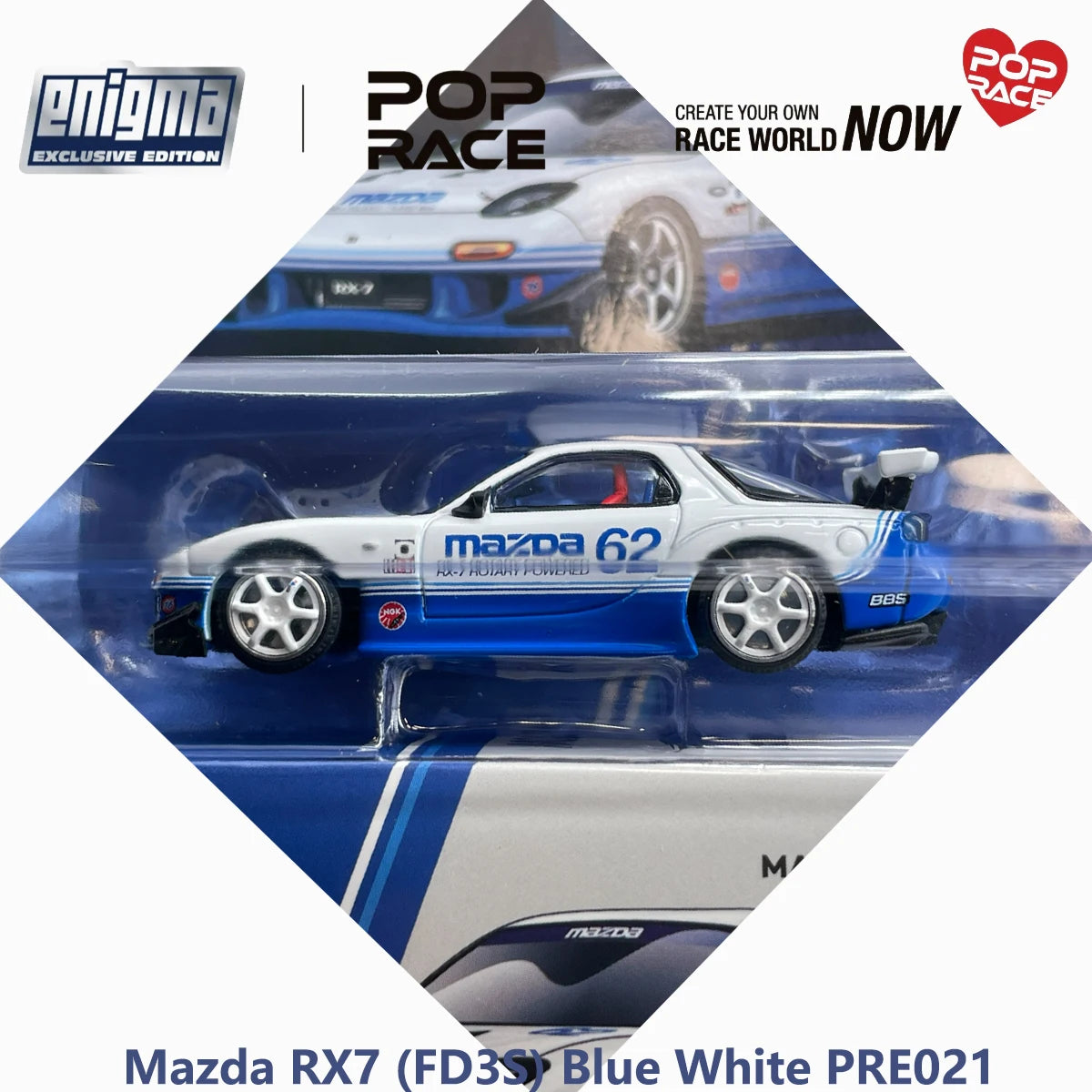 Blister Pack Pop Race PRE021 1:64 Mazda RX7 FD3S RE‑Amemiya #62 Blue White Enigma Exclusive Collectible Model Vehicles Alloy JDM